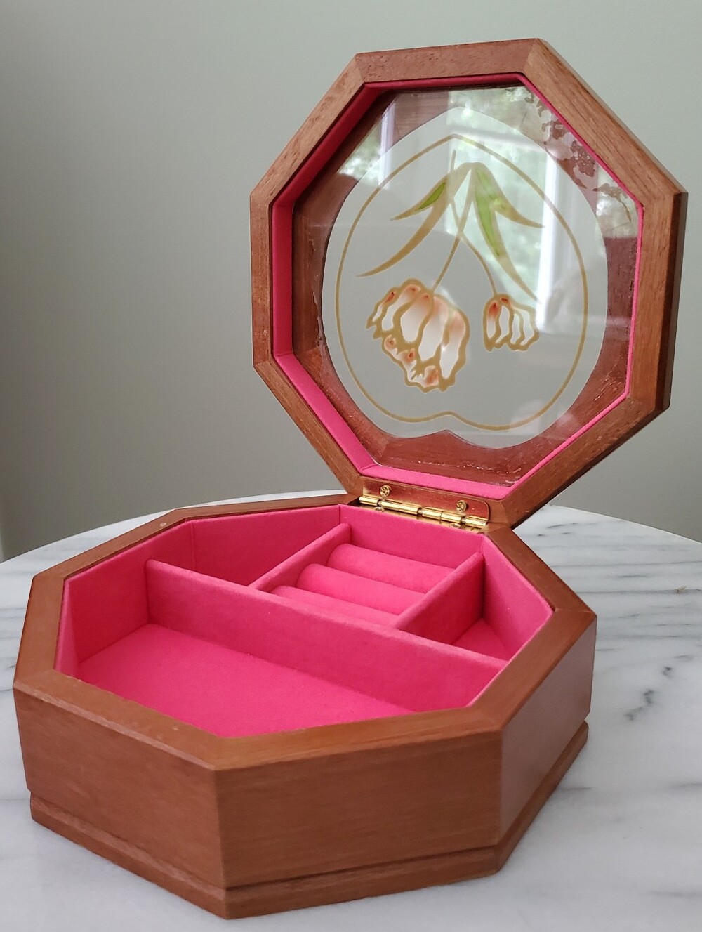 Vintage Mele Wooden Octagon Jewlery Box Painted Glass